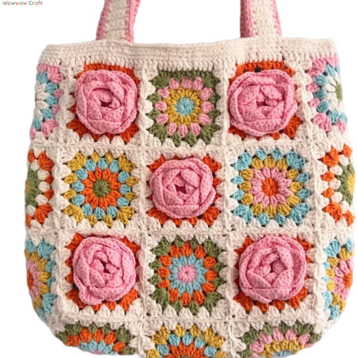 Shoulder Bags,Totes,Handmade Crochet Bags,Pink Flowers Granny Square Tote crocheted with Snow Fairy Yarn - High quality handmade crocheted shoulder bag
